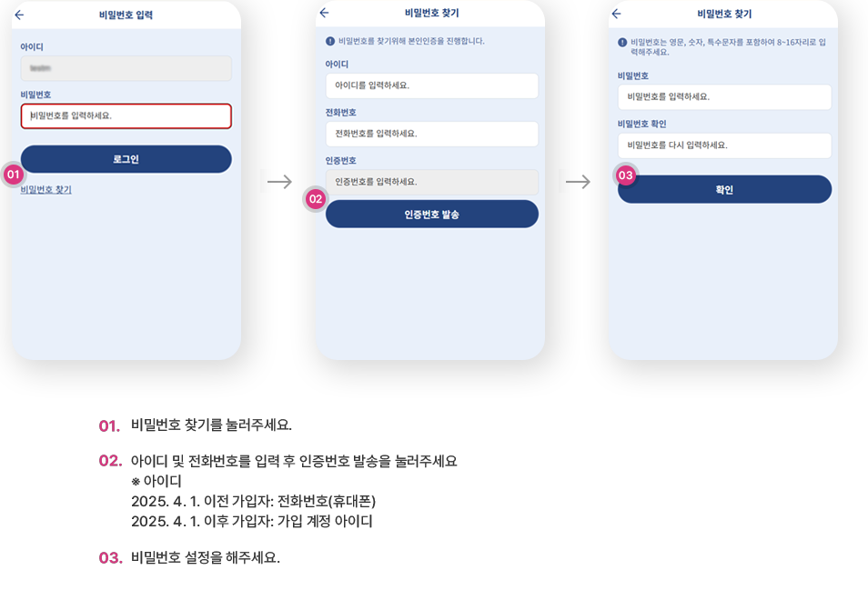01.비밀번호 찾기를 눌러주세요. - 02.아이디 및 전화번호를 입력 후 인증번호 발송을 눌러주세요. ※ 아이디 - 2025. 4. 1. 이전 가입자: 전화번호(휴대폰),2025. 4. 1. 이후 가입자: 가입 계정 아이디 - 03. 비밀번호 설정을 해주세요.