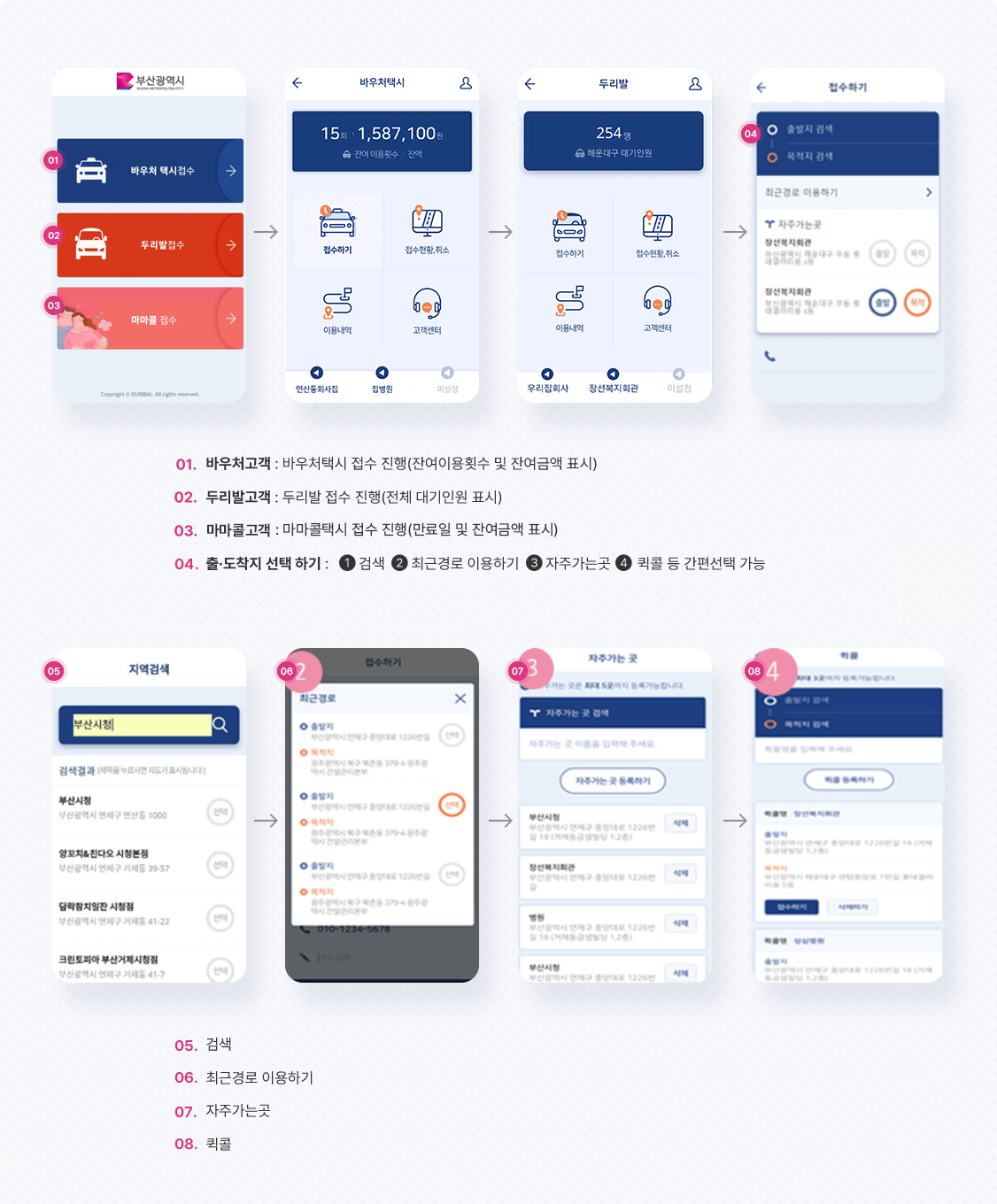 01. 바우처고객 : 바우처택시 접수 진행(잔여이용횟수 및 잔여금액 표시) - 02.두리발고객 : 두리발 접수 진행(전체 대기인원 표시) - 03.마마콜고객:마마콜택시 접수 진행(만료일 및 잔여금액 표시) - 04.출·도착지 선택하기:1-검색,2-최근경로 이용하기,3-자주가는곳,4-퀵콜 등 간편선택 가능 - 05.검색 - 06.최근경로 이용하기 - 07.자주가는곳 - 08.퀵콜